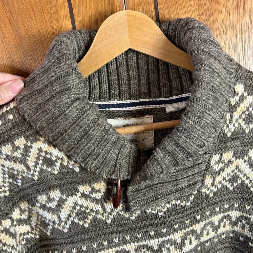 Weatherproof‎ Vintage Men's Shawl Collar Fair Isle Knit Sweater Brown Cabincore